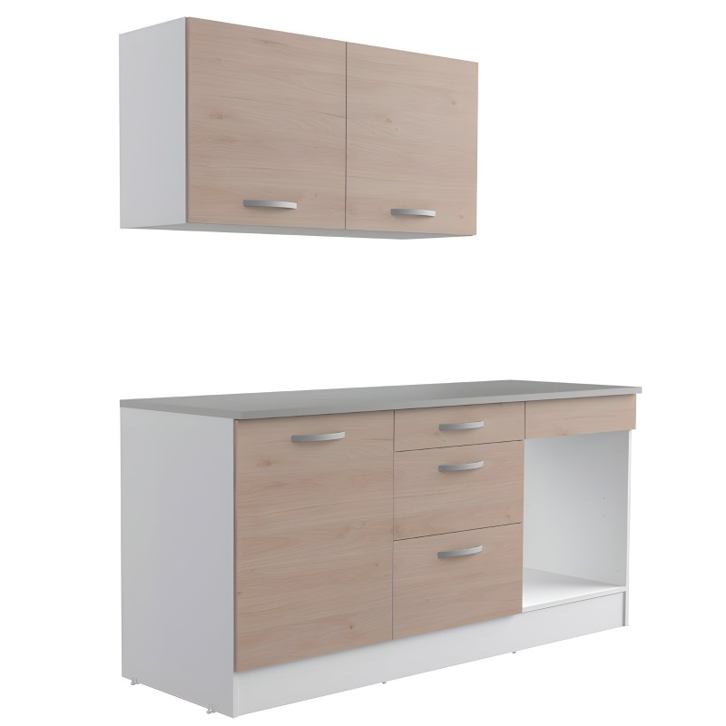 Mueble de cocina modular con alacena superior dos puertas y base inferior con cajones y puertas color madera y blanco