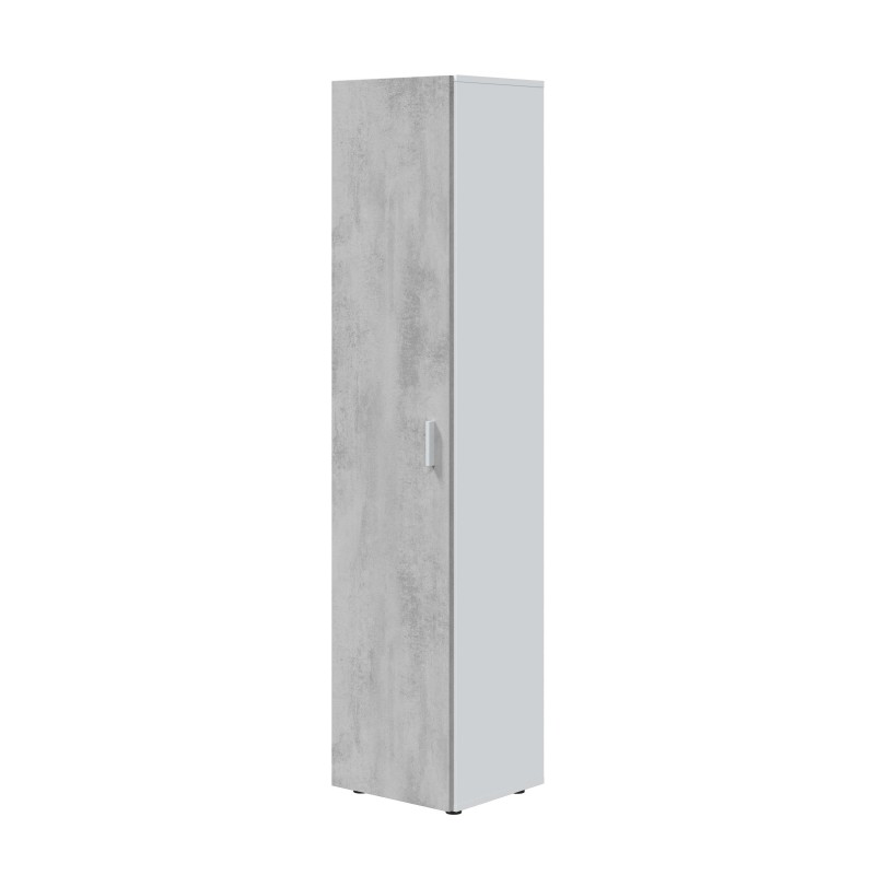 Armario alto estrecho con puerta de hormigón gris y lateral blanco con tirador metálico