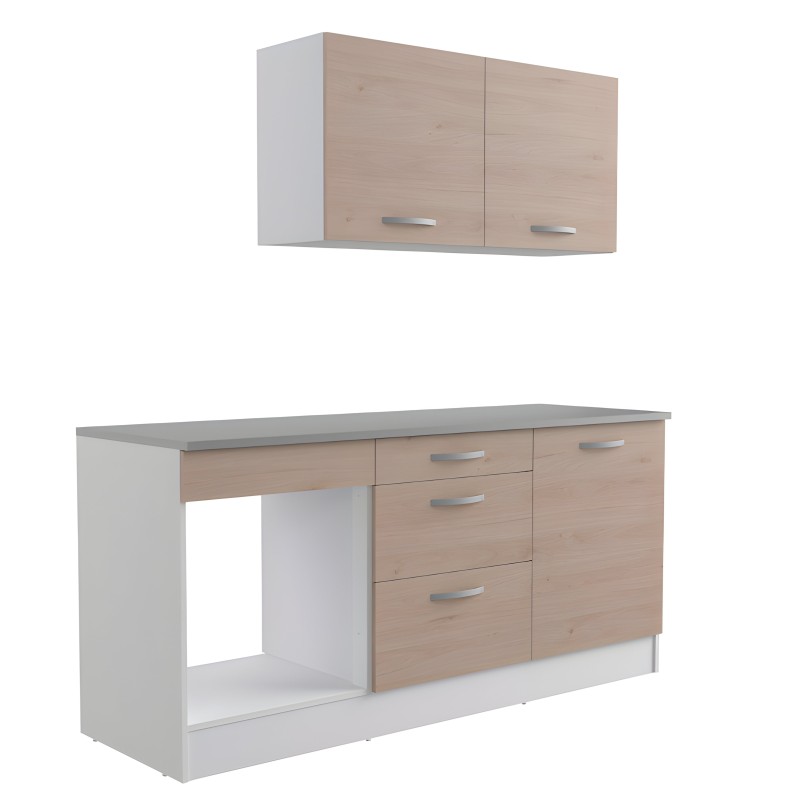 Mueble de cocina modular con mueble superior de dos puertas y mueble bajo con cajones y espacio abierto en madera clara y blanco