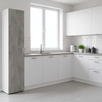 Cocina modular en L con muebles blancos y frente en hormigón gris y encimera oscura en ambiente