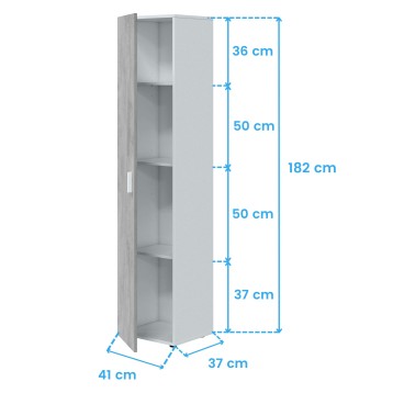 Armario alto de madera gris claro con puerta y cuatro estantes interiores vista frontal