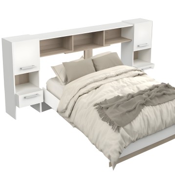 Cabecero blanco con almacenaje integrado y estantes para cama doble vista en ambiente dormitorio