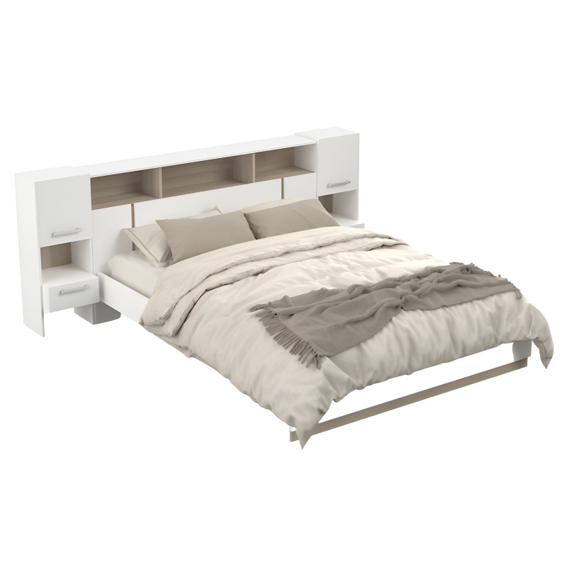 Cama blanca con cabecero integrado y almacenaje compartimentos abiertos y cerrados con ropa de cama beige