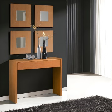 Consola de madera clara con cajón y cuatro espejos cuadrados de madera en pared gris oscuro