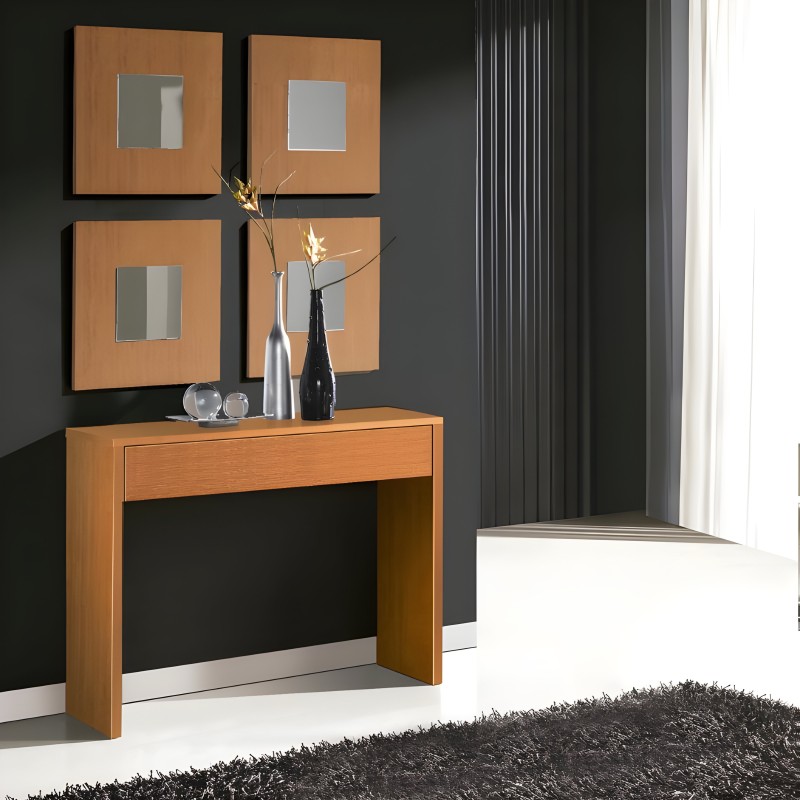 Consola de madera clara con cajón y cuatro espejos cuadrados de madera en pared gris oscuro