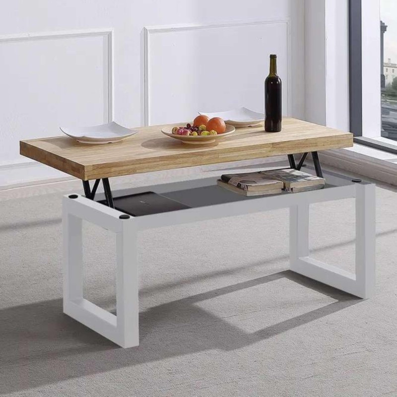 Mesa de centro elevable con tapa de madera y base blanca con almacenamiento interior en salón moderno