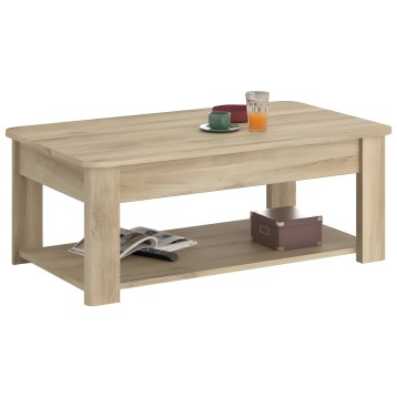 Mesa de centro rectangular en madera clara con estante inferior y superficie lisa ideal para sala de estar