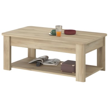Mesa de centro rectangular en madera clara con estante inferior y patas macizas