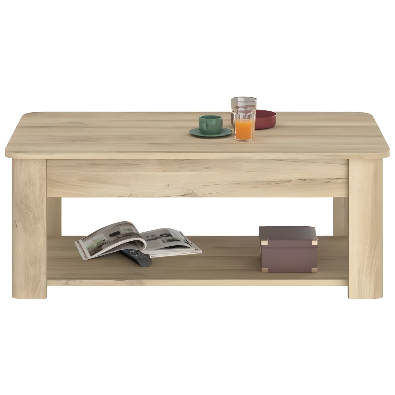 Mesa de centro de madera clara con estante inferior y superficie superior decorada con taza de café y vaso de jugo