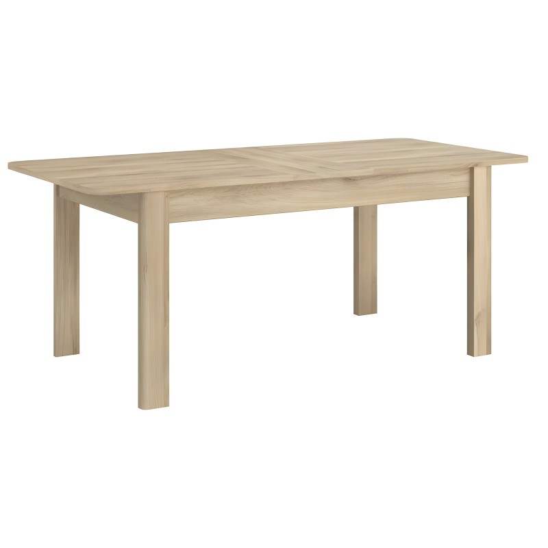 Mesa de comedor rectangular en madera clara con patas macizas y tablero extensible