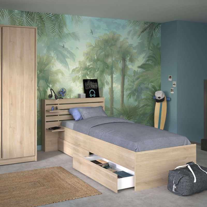 Cama individual de madera clara con cabecero y cajones de almacenaje integrados en ambiente juvenil tropical