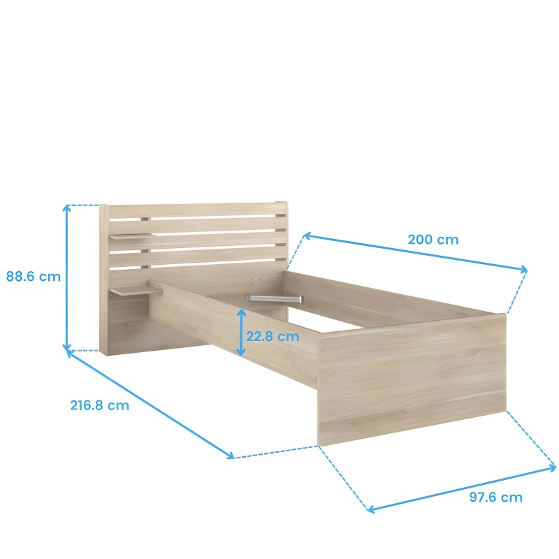 Cama de madera clara con respaldo acolchado y estructura de listones vista en perspectiva