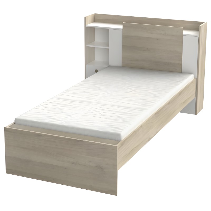 Cama individual en madera clara con cabecero integrado y estantes laterales blancos