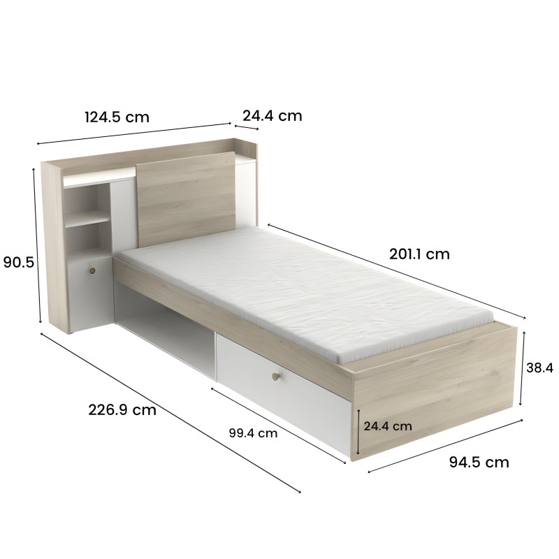 Cama individual en madera clara con cabecero integrado y almacenamiento lateral en blanco. Vista técnica de dimensiones.