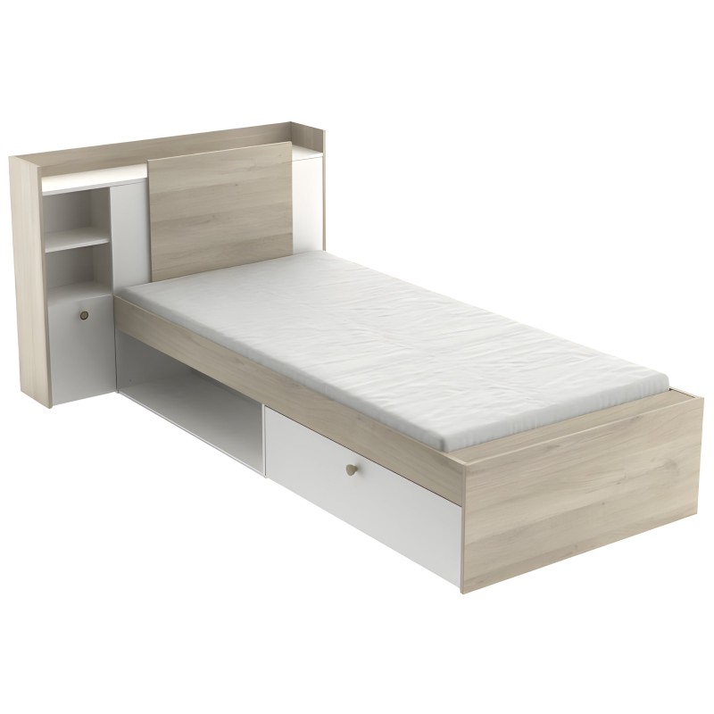Cama individual con respaldo y cabecera en madera clara y blanco con almacenaje integrado y cajón inferior