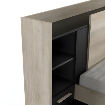 Cabecero de cama con almacenamiento integrado en madera clara y negro con estantes abiertos