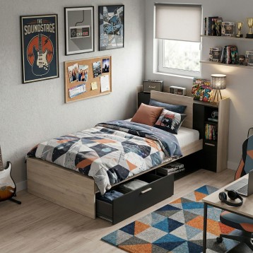 Cama individual madera y negro con cajón almacenaje y cabecero estantes en dormitorio juvenil