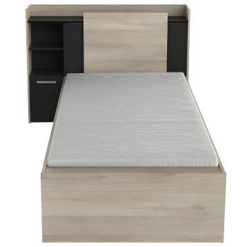 Cama individual en madera clara con cabecero integrado en color negro y gris con estantes y compartimentos de almacenaje