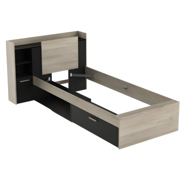 Cama individual con cabecero integrado en madera clara y negro con estantes y cajones de almacenaje vista frontal