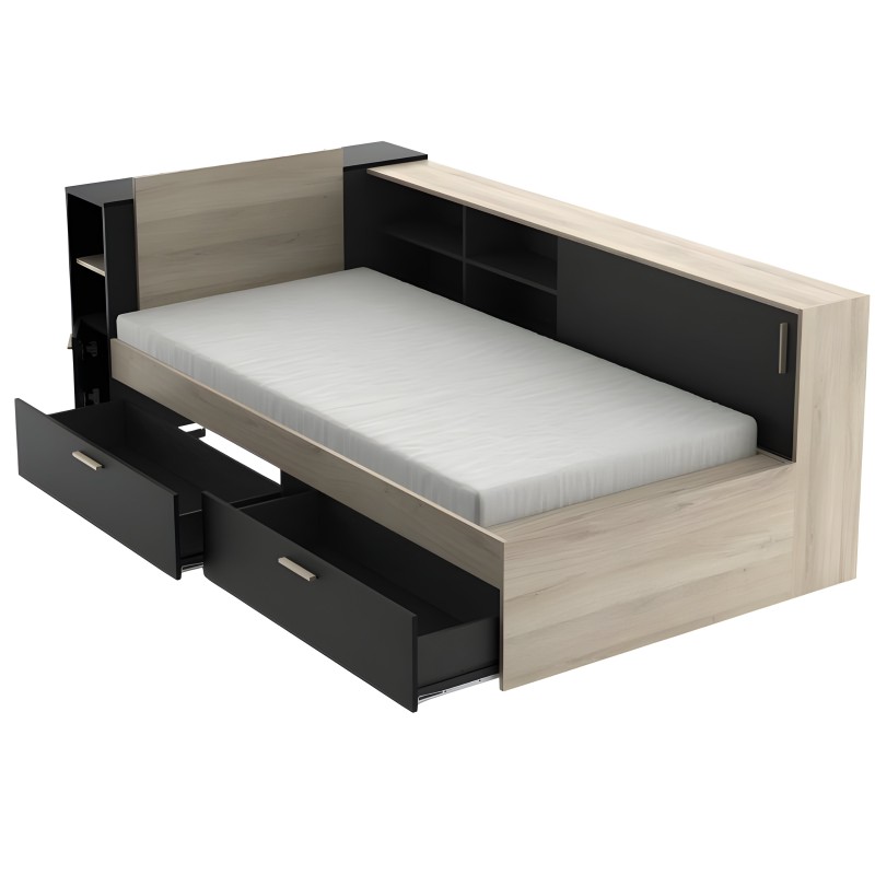 Cama nativa con cajones de almacenamiento negro y madera clara con cabecero integrado y estantes laterales