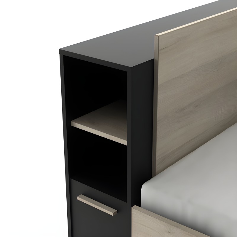 Cabecero de cama negro con estantes abiertos y laterales en madera clara y tablero gris antracita