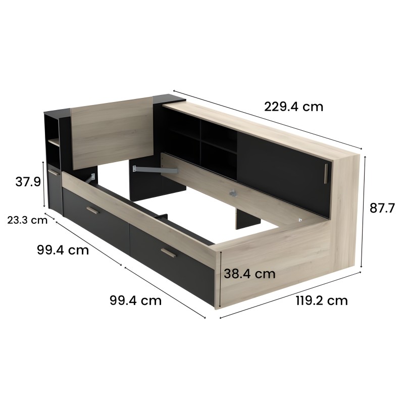 Cama con almacenamiento integrado en madera natural y negro con cajones y estantes laterales