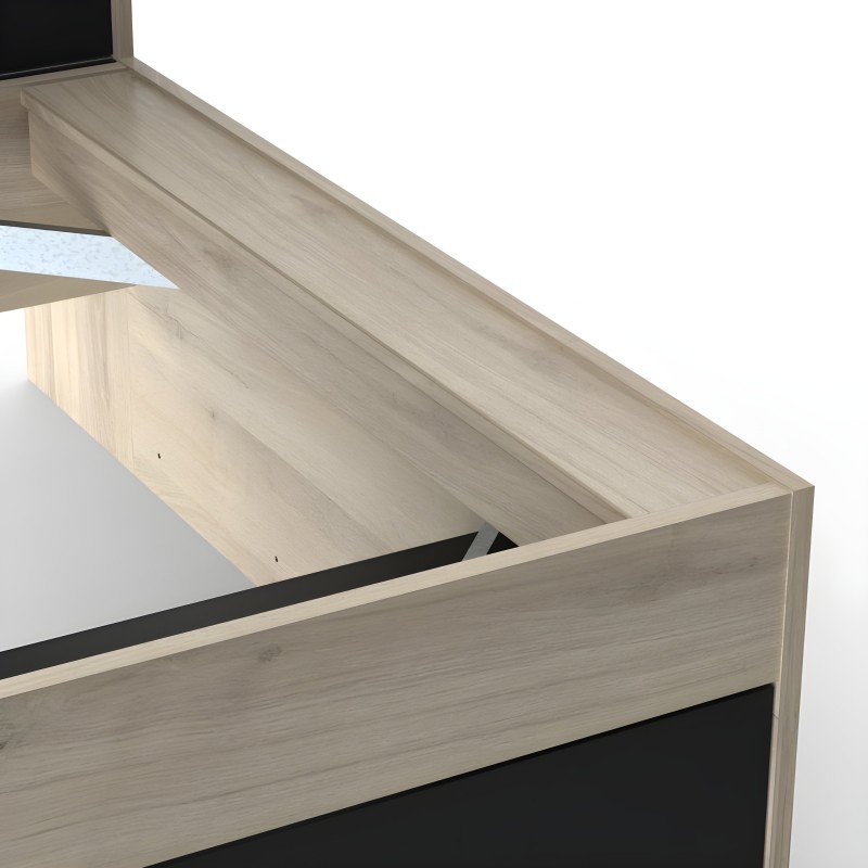 Cama de madera clara con estructura de tablero y detalle de mecanismo de apertura inferior
