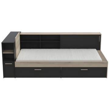 Cama nido con respaldo de estantes y cajones de madera negra y natural