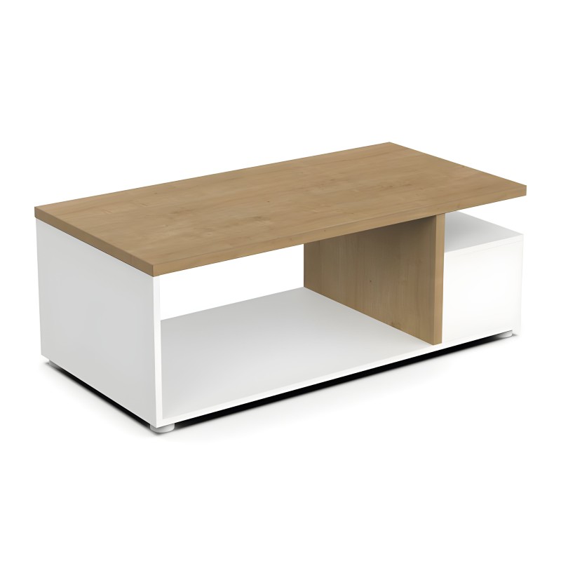 Mesa de centro rectangular con tablero en madera natural y base blanca con estante inferior