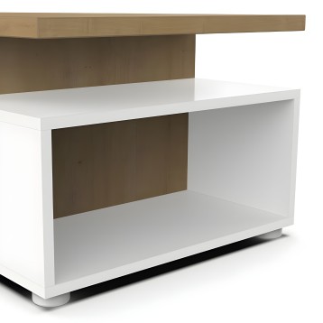 Mesa de centro blanca y madera con estantes abiertos y panel frontal marrón
