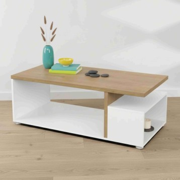 Mesa de centro rectangular con tablero en madera natural y bases blancas con almacenamiento integrado