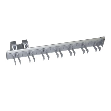 Perchero de pared en aluminio gris con barra horizontal y múltiples ganchos metálicos