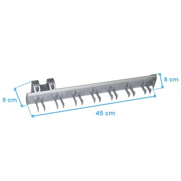 Perchero de pared horizontal en metal gris con múltiples ganchos y soportes de montaje