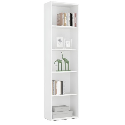Estantería blanca vertical de seis compartimentos con libros y decoración