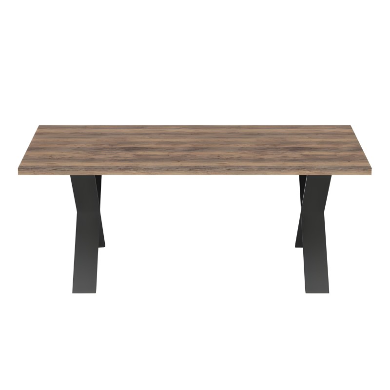 Mesa rectangular de madera con veta natural y patas negras metálicas en forma de X