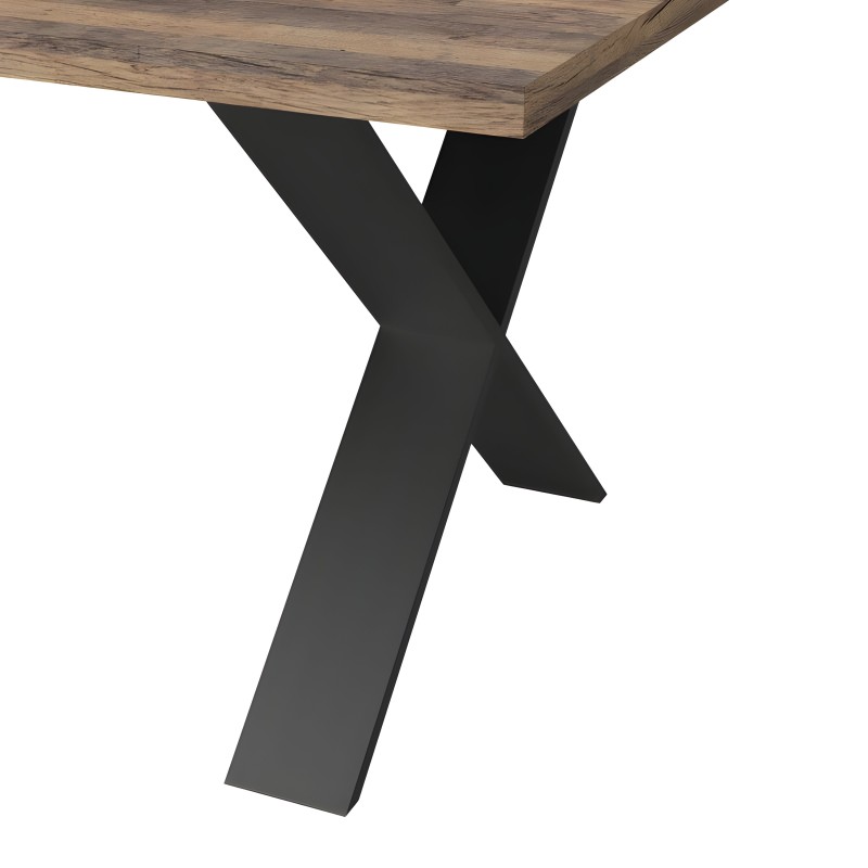 Mesa de madera natural con tablero de roble y patas cruzadas negras en X