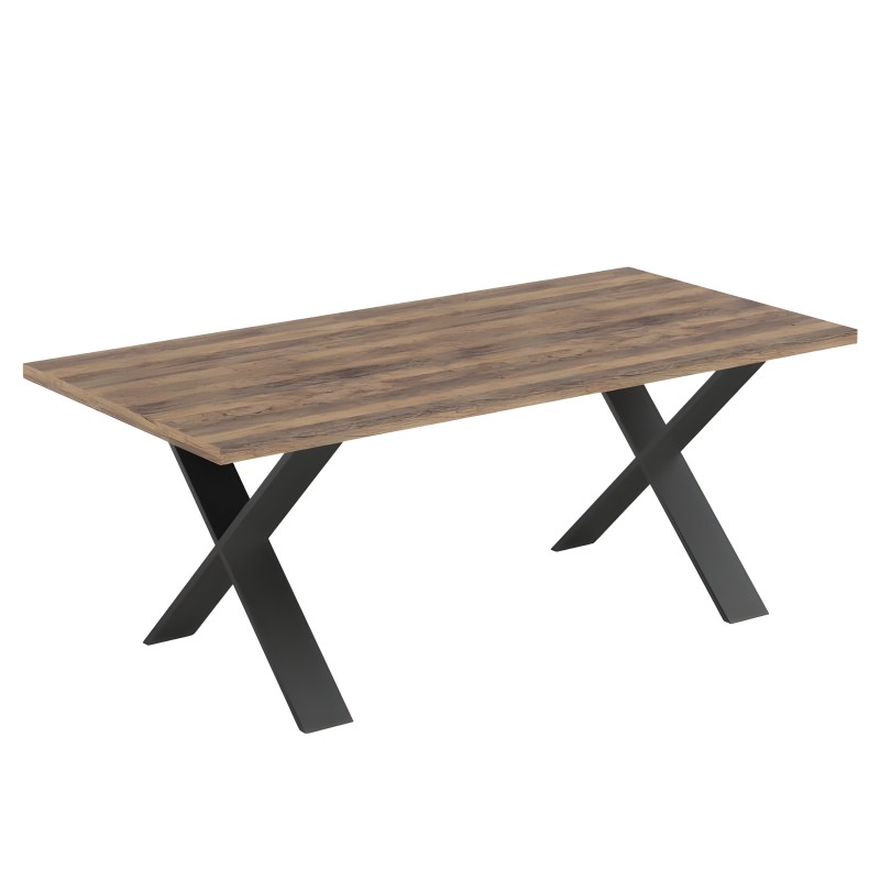 Mesa de comedor rectangular con tablero en madera envejecida y patas cruzadas en negro
