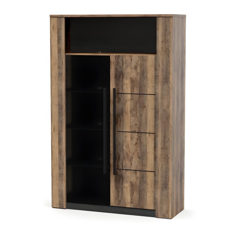 Vitrina de madera envejecida con marco negro y puertas con herrajes negros