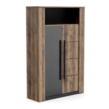 Vitrina alta de madera clara con puerta gris y detalles negros y nicho abierto en la parte superior