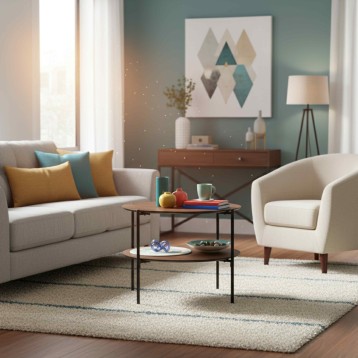 Salón con sofá gris y sillón crema blanco alrededor de mesa de centro redonda de madera y metal en ambiente acogedor