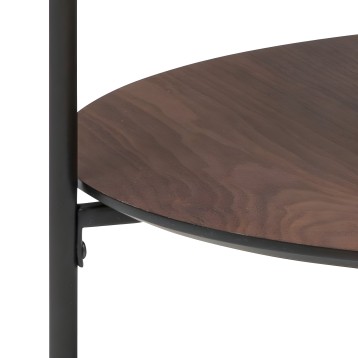 Mesa redonda de madera oscura con base de tubo metálico negro detalle de estructura
