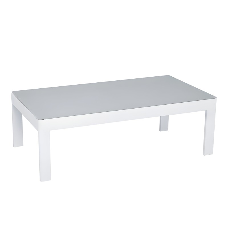 Mesa de centro rectangular con tablero gris y estructura blanca de cuatro patas