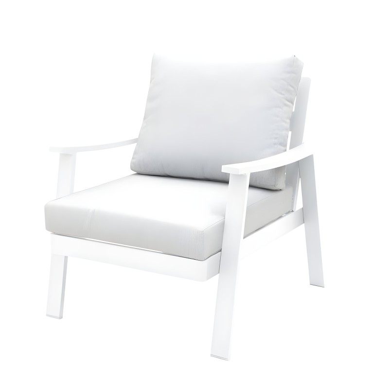 Sillón blanco de madera con cojines tapizados en gris claro y respaldo acolchado
