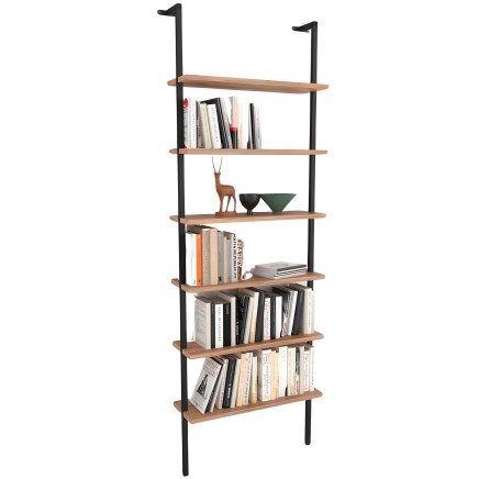 Estantería mural de madera y metal negro con 7 estantes para libros y decoración