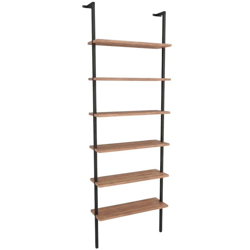 Estantería modular con seis estantes de madera y estructura metálica negra vertical estilo industrial