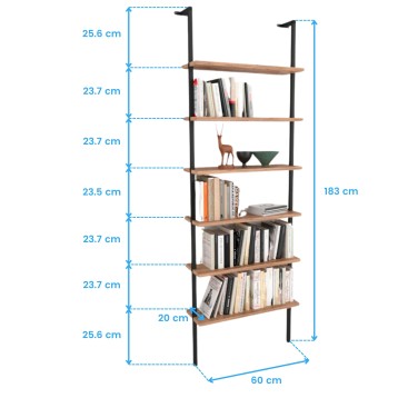 Estantería modular de madera y metal con 7 estantes y estructura negra para libros y decoración