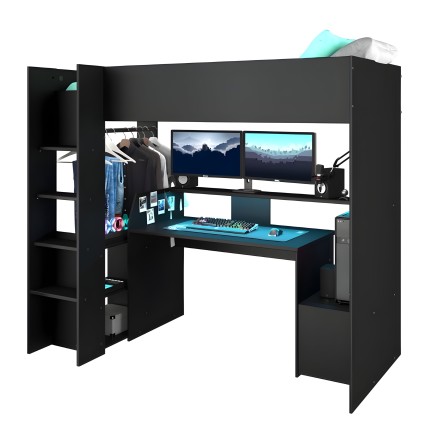 Escritorio gamer negro con estructura elevada y cama superior y almacenamiento integrado para pantallas y accesorios