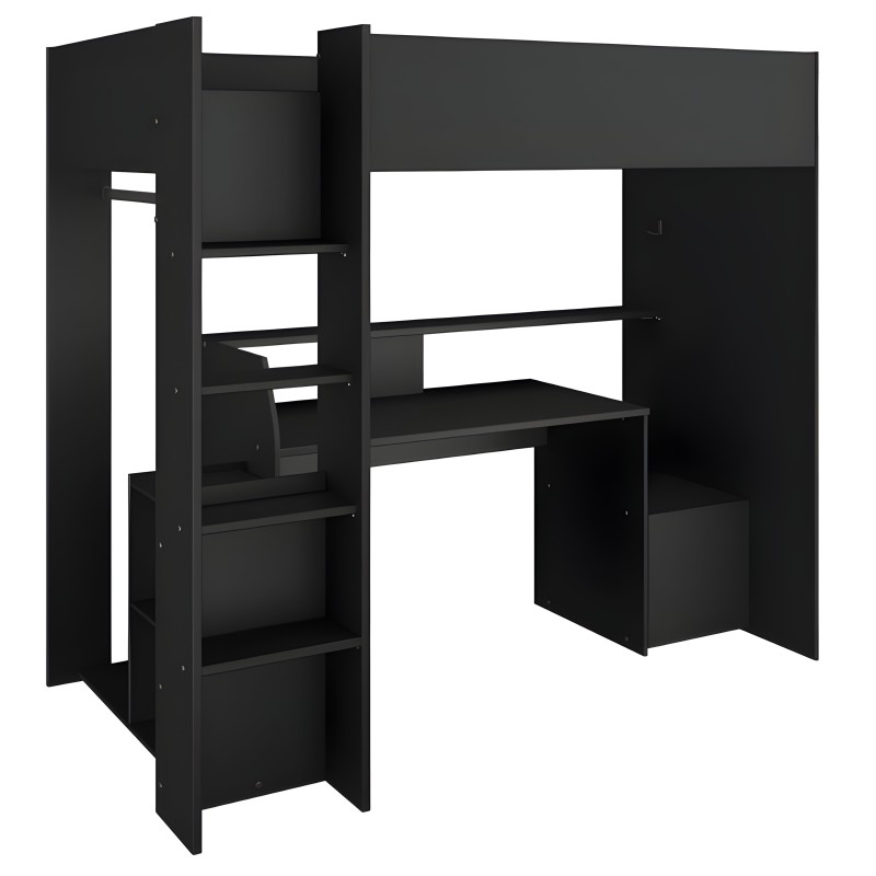 Cama alta negra con escritorio integrado y escalera de almacenamiento lateral
