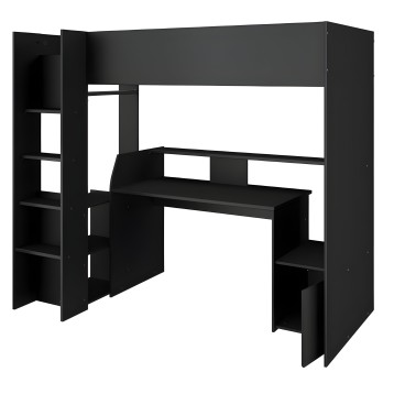 Escritorio negro con estantería integrada y compartimentos de almacenaje en estructura modular