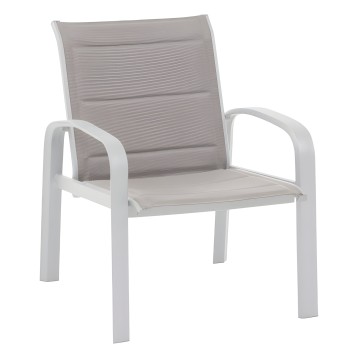 Sillón de aluminio blanco con respaldo y asiento en textileno gris claro
